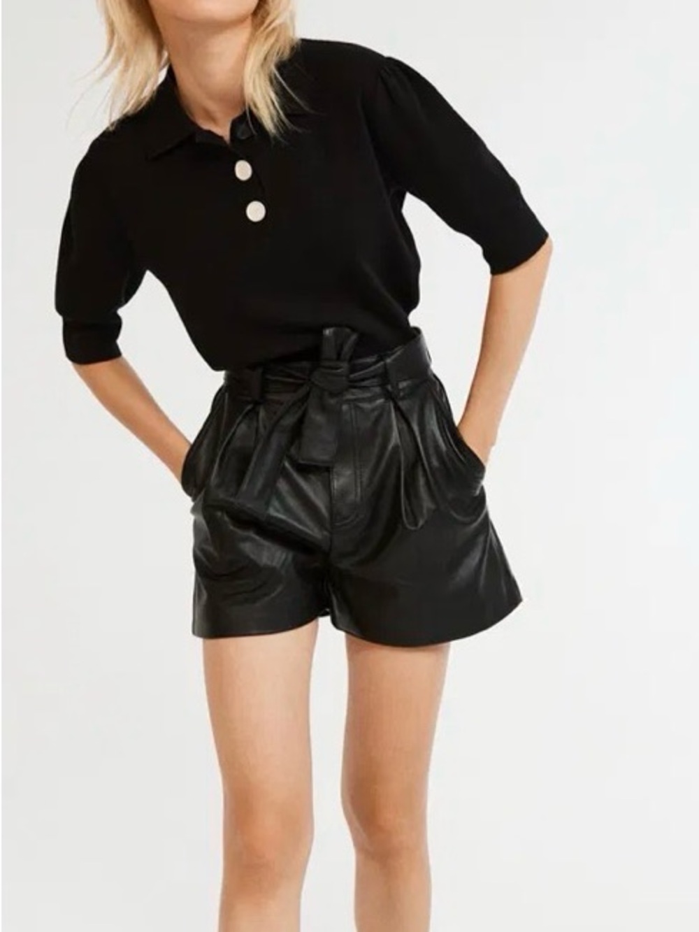 Claudie Pierrot -High-Waist Black Leather Shorts with Tie Belt